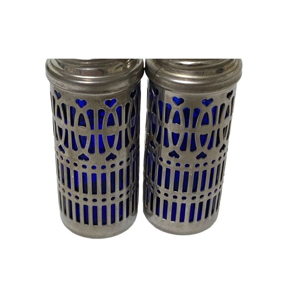 Vintage Salt and Pepper Shakers Blue Glass with Silvertone Overlay 2.75" high - Picture 2 of 8